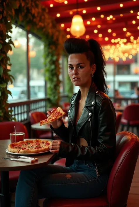 film photo woman, Mohawk hairstyle, mohawk hair, black hair,  black hair, realistic, a woman Shot putwearing a crop top and tight jeans eating pizza on a restaurant terrace, short crop top, ahort black leather jacket,  short black leather jacket , tight je...