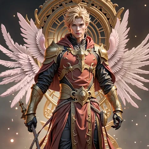 young warrior male angel with big pink wings、A handsome archangel man with a red gown-like jacket and gold armor 、 blonde,Have a big sword