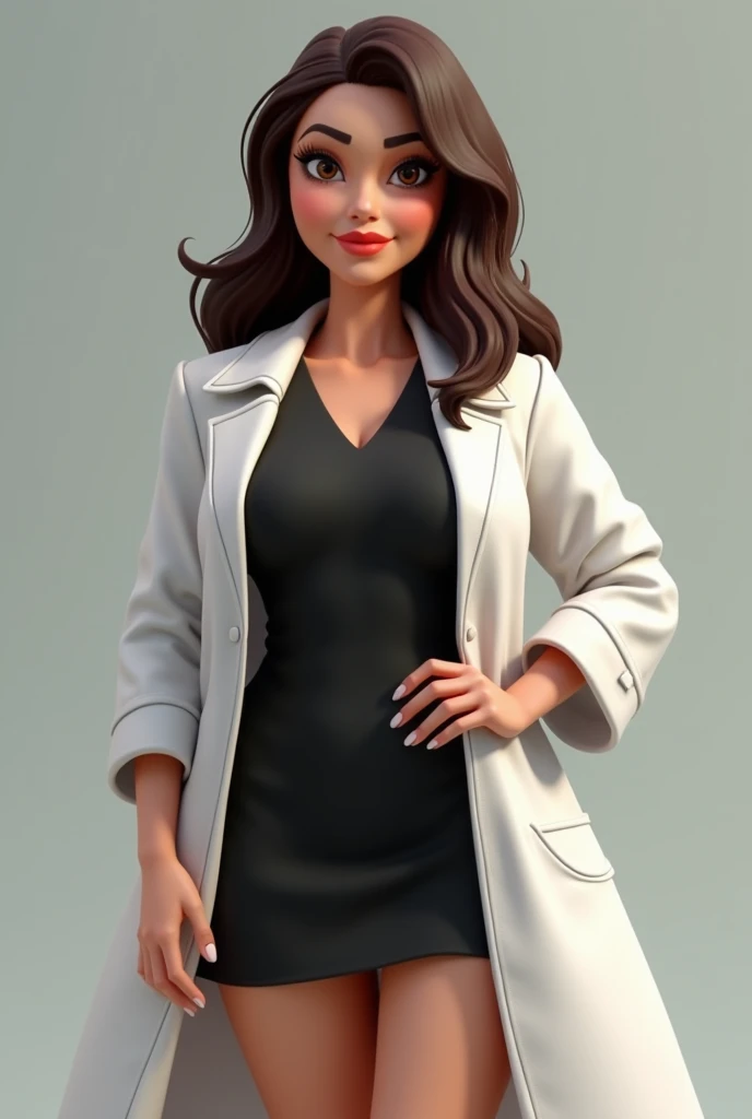 Create a Bratz-style 3D OC of a fat and brunette adult woman, Shoulder-length hair and smooth,  wearing a black dress without a print and lab coat