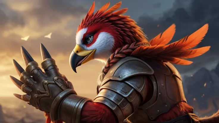 avian, bird, rito, winged arms, red body, red feathers, beak,  (pawing off:1.3), detailed eyes, braids in the hair, bird tail, armor, 