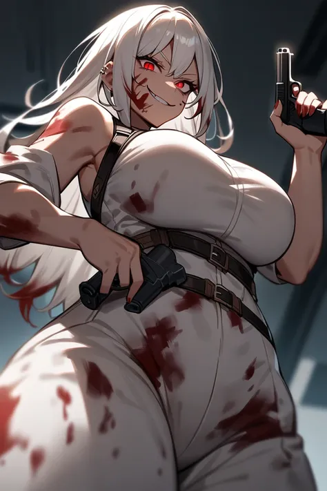 Woman, long white hair, big chest, body harness, blood on cheek, blood on hair, pistol in hand, smirk, piercing red eyes, from below, 