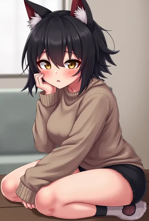 Short black hair is messy.

Sitting with your body leaning over shows off your body curves. 

Not smiling at all. Cheeks flushed. Glazed eyes.

A sweater outfit with wolf ears on its ears. 

Shorts. 

Upper body lean and stomach slim. Hips lean. Big breast...