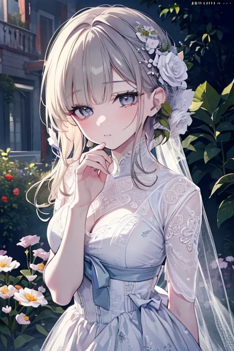 a young woman with a sad and regretful expression, beautiful detailed eyes, beautiful detailed lips, extremely detailed face, long eyelashes, wearing a floral dress, standing in a serene garden with blooming flowers, soft natural lighting, muted color tone...