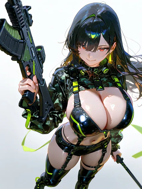 masterpiece、最 high quality、 high quality、 is very aesthetic、 absurd、up to date、 1 girl、 dark hair、 long hair、green and black camo cybersuit、Short jacket、Cross Top、 garter belt、Cyber Boots、 very large breasts in the hands of a middle-aged man、、smile、、、 assa...