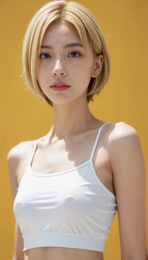 woman、Boyish face、 perfect style、The bottom half is hot pants 、 The upper body is a white tube top 、 blond、 gals、 tanned skin 、 blond、  center part hair 、length, Sharp Eye、nice、  sexy appearance 、summer、length legs、 big breasted with a cross eye、 tall 、log...