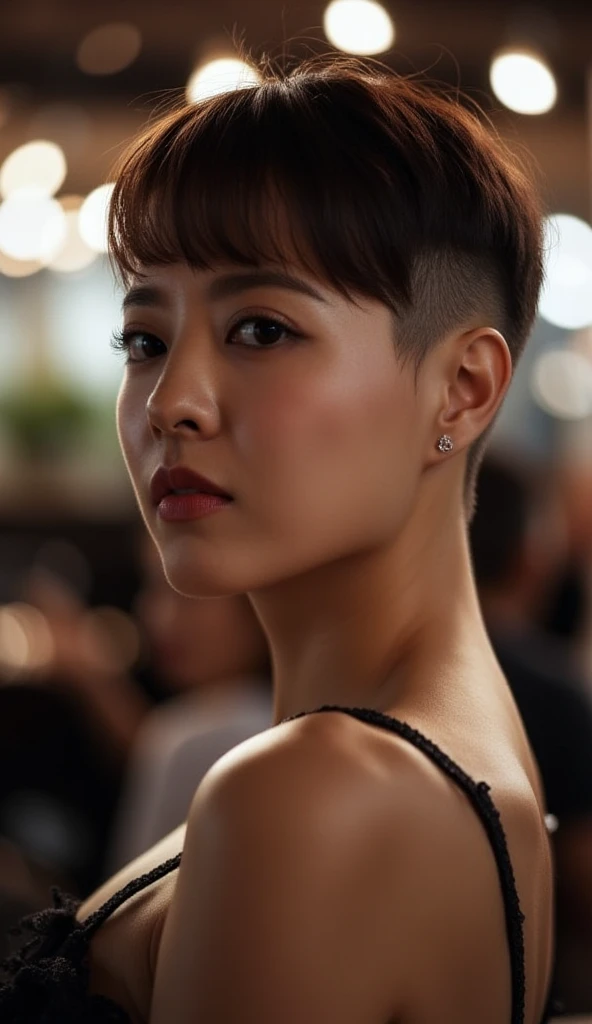  she has a very Clean Short Bowlcut-pixie and a Low fade. The top is Extreme cropped very short with Strong visible texture. The sides and back have a smooth high skin fade clippred undercut blending into the short top. The haircut is clean, sharp, and sym...