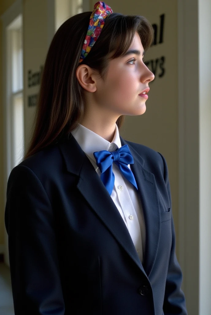 (masterpiece, best quality:1.5), 
1girl, Alone,
waist shot, from the side view, her beautiful profile.,
she closed her eyes., 
She is slightly looking up and her glossy lips sensually opened.,
she wears a tidy dark blue blazer school uniform and white shir...