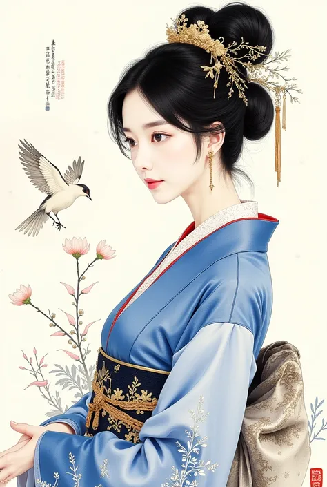 ( Traditional Chinese Ink Painting),portrait,1 Female,  Falling Petals , upper body, Blue and white_Japanese style dress ,hair_Decoration,gold、bird、