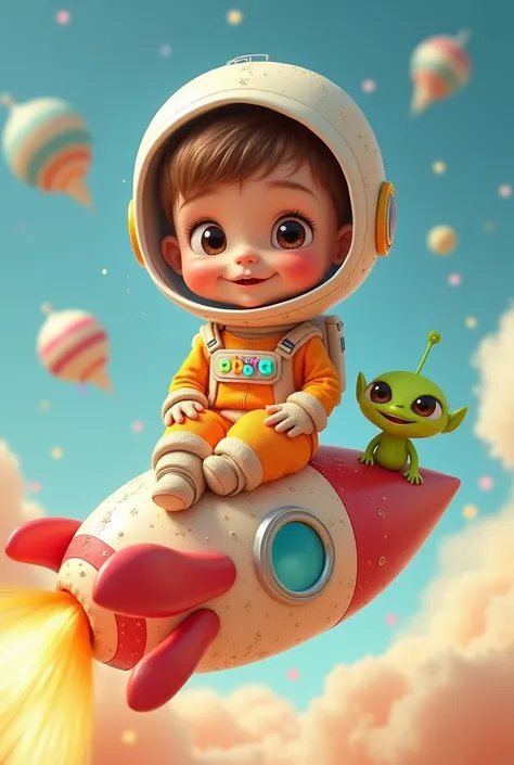  Lorenzo my one and a half year old son ,  is white with brown eyes ,  with short but straight hair and a very small nose ,  sitting on a rocket that looks like a huge three-ball ice cream .  He wears a super bright and fun astronaut suit ,  with glitter e...