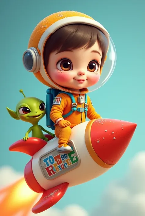  Lorenzo my one and a half year old son ,  is white with brown eyes ,  with short but straight hair and a very small nose ,  sitting on a rocket that looks like a huge three-ball ice cream .  He wears a super bright and fun astronaut suit ,  with glitter e...