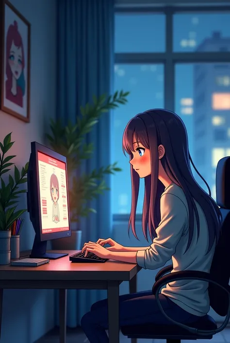 Make an anime-style drawing of a boy of more or less 21 years old sitting on a shocked computer showing him something he saw to a girl of the same age with long hair, The view should be from the POV of the PC, that is, the camera would be PC and they are b...