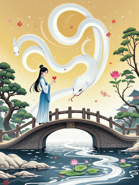  The Legend of the White Snake，Chinese style，Ink，Fine brushwork，Rock Color，West Lake，Broken Bridge，Leifeng Pagoda，Lotus，willow，Bai Suzhen，Xu Xian，Green Snake，Water floods the golden mountain，Broken Bridge残雪，love，myth，legend，classical，Elegant，Aesthetic，roma...