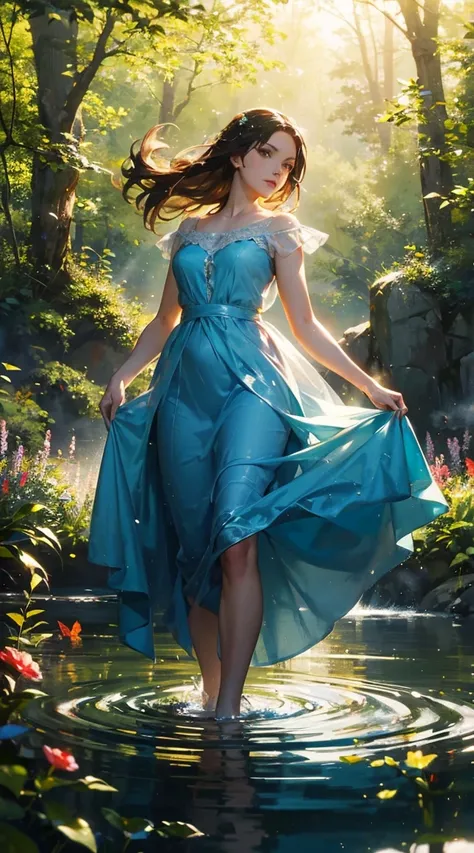 A graceful water spirit in the form of a woman, her body and flowing dress made entirely of water, with delicate streams and splashes creating a sense of movement. Her hair is composed of water, gracefully swirling in the air. She stands in an enchanting g...