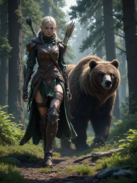 (a female elf, medieval woodland ranger, her stance is poised for battle, a grizzly bear walks beside her)