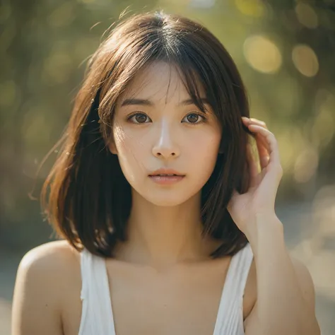 A hyper-realistic image of a single Japanese woman in her early 20s, captured with the nostalgic warmth and subtle graininess of a film camera. Her skin has a warm beige tone with a natural, slightly rough texture that includes visible pores, fine lines, a...