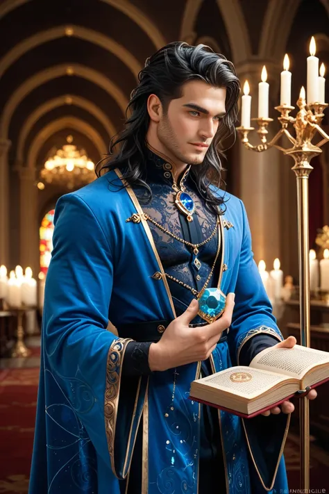 A male (((wizard))) with (((Noble and elegant long black hair))), dressed in a sleek ((Blue robe)), adorned with intricate ((Golden detailing)) and a flowing ((Blue robe)), with a matching. A magnificent ((Staff)), with a glowing ((Blue gem)) at its tip, e...