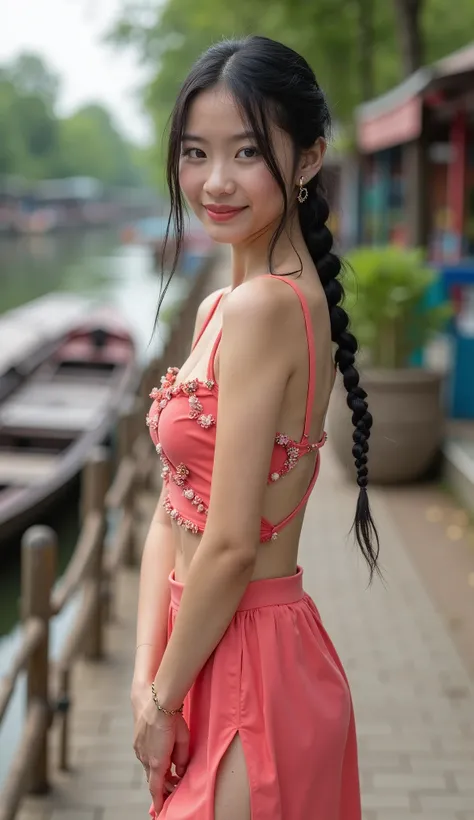 Wide angle photograph of a young woman from the North of Thailand, fair skin, slim figure, youthful face, good complexion, beautiful face, black braided hair, beautiful light pinkish white skin, small light red spaghetti strap top decorated with small flow...