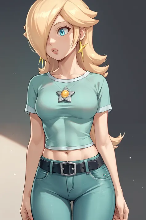 score_9, score_8_up, score_7_up, source_anime, rosalina, blonde hair, blue eyes, hair over one eye, long hair, star earrings, solo, cowboy shot, black t-shirt, taut clothes, tight shirt, midriff, navel, jeans, black belt, parted lips, arm support