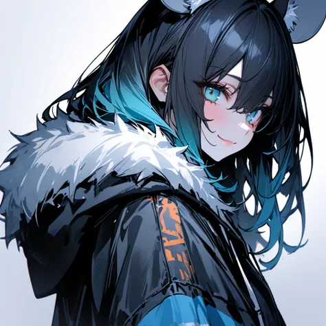 1girl,animal_ears,aqua_eyes,black_hair,closed_mouth,from_side,fur-trimmed_jacket,fur_trim,gradient_hair, hoodie,jane_doe_(zenless_zone_zero),long_hair,looking_at_viewer,round mouse_ears,mouse_girl, smile,solo,upper_body,zenless_zone_zero, best quality, mas...