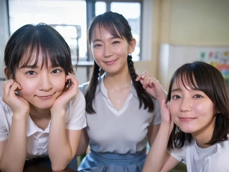       とてもかわいい  high school studentsの年齢の女の子達が複数写ったプライベート写真 ,  Multiple cute high school girls are studying and changing uniforms in a school classroom on a summer afternoon ,  natural body shape,((Innocent)),     real skin without makeup       ,         ext...