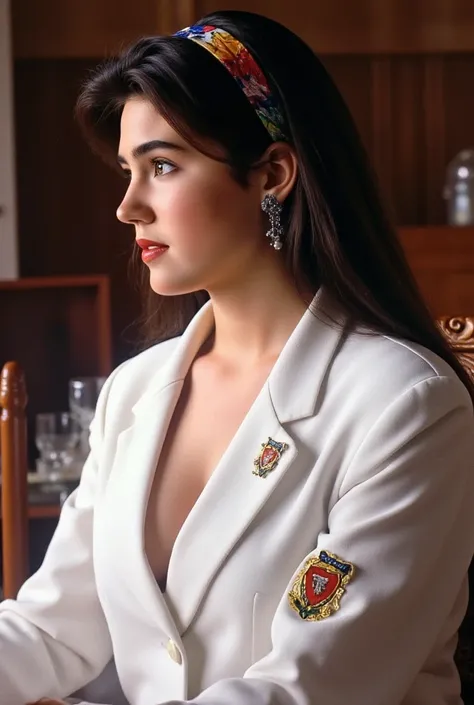 (8k、Raw photo、highest quality、masterpiece:1.2)、(realistic、Photoreal)、from the side view, her beautiful profile, (Jennifer Connelly at age 17)、white shool uniform blazer with emblem, no skirt, no shirt, cleavage, Bare legs、she is tall with long limbs and sm...