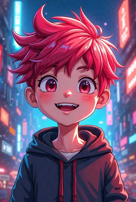 Gamer boy with red and cheerful hair and pixelated anime 