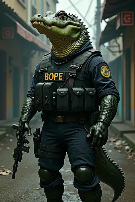 An alligator wearing the clothes of police officers from Bope scared