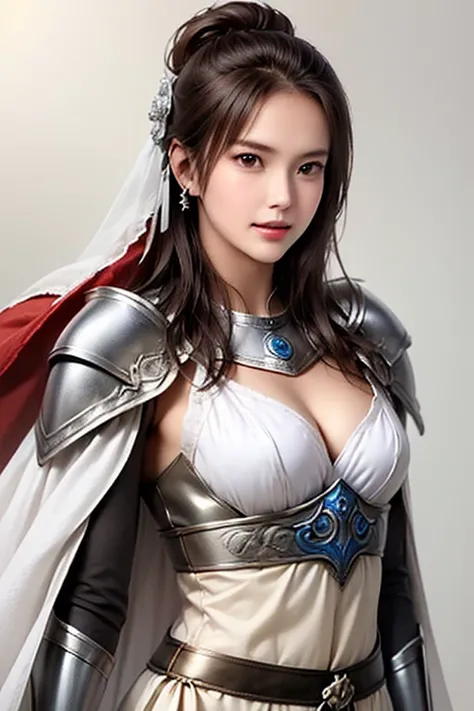 ((The upper body of a female warrior wearing silver and white light steel armor and a cloak:1.5)),1 person,  black hair,  belly shortcut   ,Big breasts and cleavage,  high-definition face and skin texture  ,  staring at the camera,   Chinese Warrior:1.2,  ...