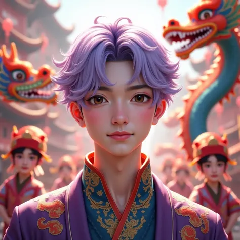 creat a realistic man wearing chinese outfit attire with name "bella"in  wearing lavender hair, the backround should be in dragon parade,