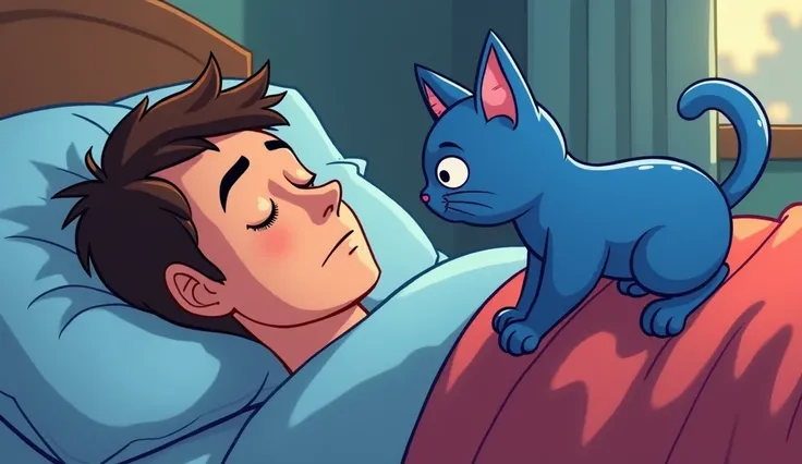 Man sleeping in bed and a blue cat on top of his belly staring at the man fixedly in cartoon format.  The cat has a curious and enigmatic expression ,  while the human sleeps peacefully under a colorful blanket.
