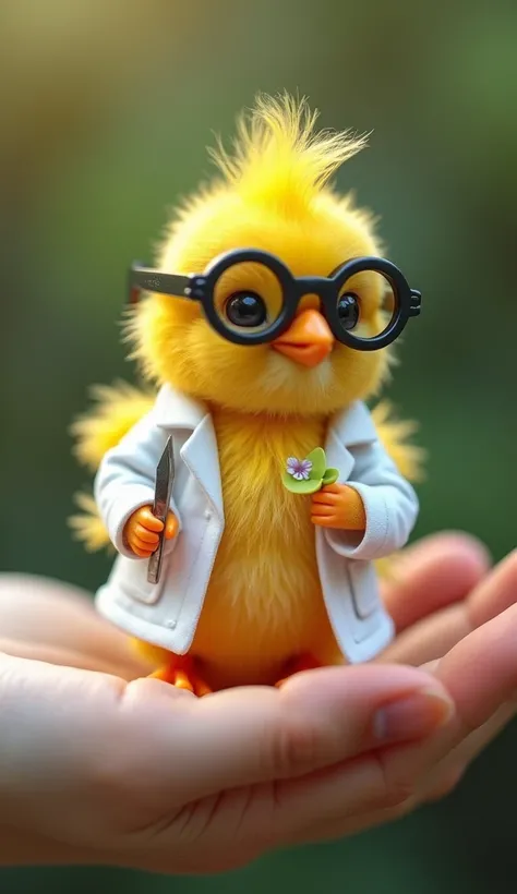  Mini Chick Mad Scientist
In the palm of your hand lies a mini scientist chick,  with its yellow feathers stuck everywhere ,  giving him the appearance of an electric ball .  He wears a white coat with orange buds ,  and his round glasses are so big that t...