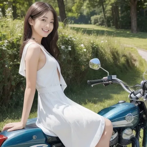 A woman straddling a motorcycle:1.4, wearing a long white dress, (the dress is rolled up to reveal her thighs:1.4), is a side view, taken from ground level. Under the blue sky, the details of the motorcycle can be observed as the engine reflects off it. Al...