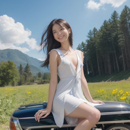 A woman straddling a motorcycle:1.4, wearing a long white dress, (the dress is rolled up to reveal her thighs:1.4), is a side view, taken from ground level. Under the blue sky, the details of the motorcycle can be observed as the engine reflects off it. Al...