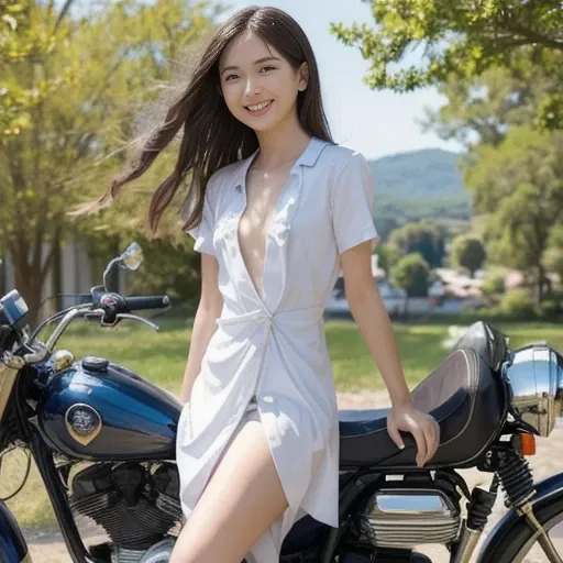 A woman straddling a motorcycle:1.4, wearing a long white dress, (the dress is rolled up to reveal her thighs:1.4), is a side view, taken from ground level. Under the blue sky, the details of the motorcycle can be observed as the engine reflects off it. Al...