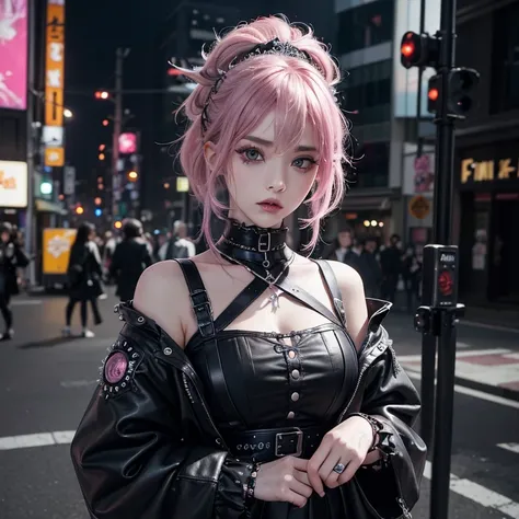  best quality、8k、masterpiece：1.3、 Gothic Punk 、 Your hair color is pink 、 hair ornament、 beautiful girl、 creative、Punk Shirt、Neogoth、 goth fashion ：1.2、 high resolution、masterpiece、 best quality、頭w:1.3、((  Hasselblad Pictures ))、 fine skin、 sharp concentra...