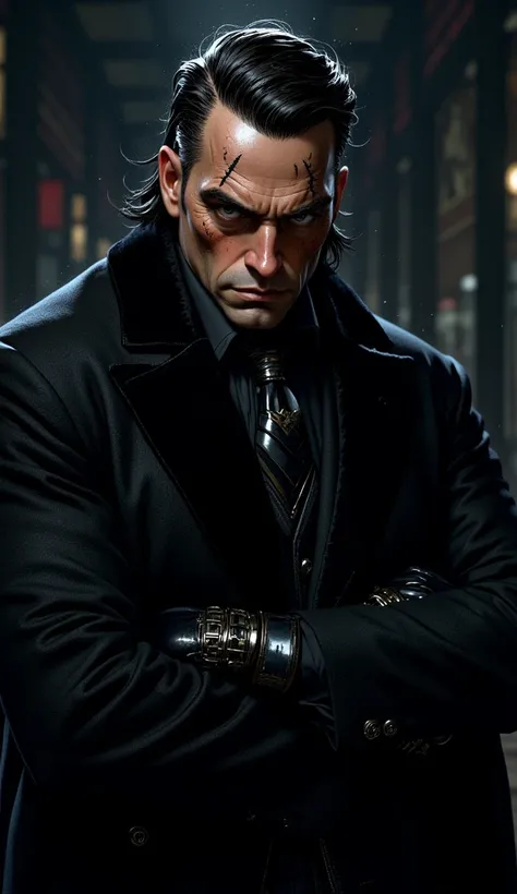 A portrait of a 42-year-old man with an angular face, subtle scars across his cheekbones, and piercing gray eyes. His short black hair is slicked back, giving him a sharp, intense look. He wears a long black overcoat with a luxurious velvet collar, exuding...