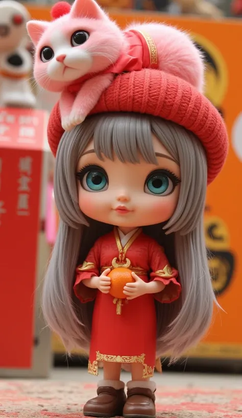 3D art toy depicting a  girl with long ash-gray hair, wearing a red knit hat and a red Hanfu outfit. She has large aquamarine eyes and brown shoes. A fluffy pink long-haired cat with big round gray eyes, dressed in a matching Hanfu, lies on top of her hat....