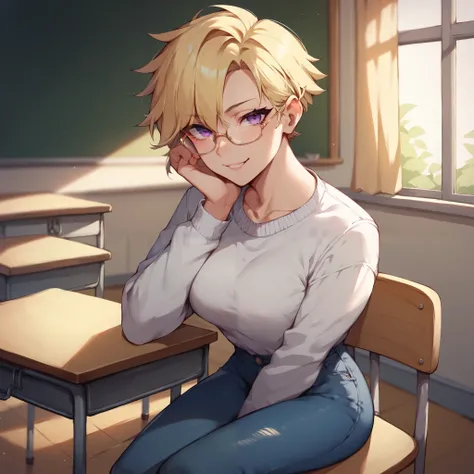 a tomboy with blonde hair and purple eyes. she is wearing a white sweater and blue jeans. she has on rounded glasses. she stares at you while sitting in a desk in a classroom.