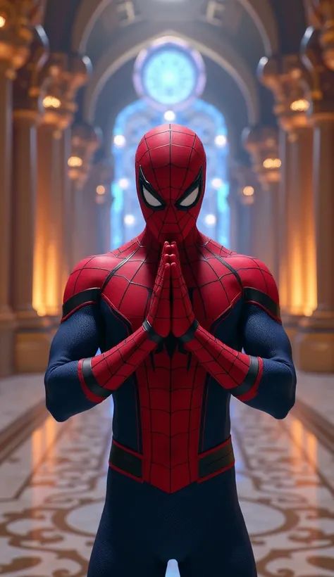 In a grand palace, Spider-Man is standing with his hands pressed together in a respectful gesture of apology. The palace around him is filled with majestic, otherworldly architecture, glowing with cosmic energy. Spider-Man’s expression is earnest and remor...