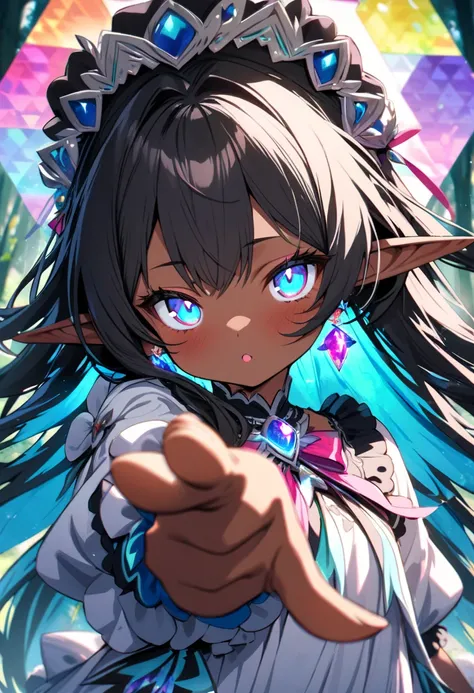 (masterpiece),best quality,ultra detailed,expressive eyes,perfect face,solo,1 loli cute magical girl,, dark skin, elf ears,  colorful eyes ,jewel earring,  long hair, (colorful hair), gorgeous fantasic style, white dress with  frills ,(dress decorated with...