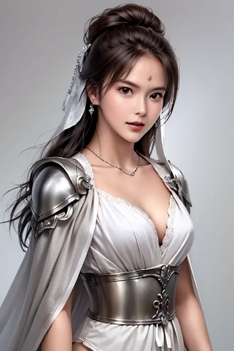 ((The upper body of a female warrior wearing silver and white light steel armor and a cloak:1.5)),1 person,  black hair,  belly shortcut   ,Big breasts and cleavage,  high-definition face and skin texture  ,  staring at the camera,   Chinese Warrior:1.2,  ...