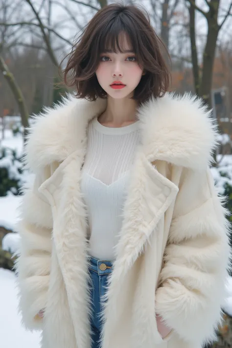 Best Quality, 4K, 8K, A detailed face, Clear face, **************** s, Korean Makeup, Red lips,Laugh, Perfect body,Shoulder-length straight bob hair,Small breasts,Thigh,slim,Thin, The girl is wearing a wide white mink fur coat, Under the jacket was a white...