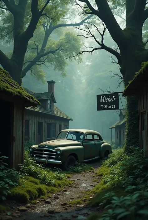 A Dodge car abandoned in a forest with trees and old houses around it and a sign written in stores Michel's t shirts 