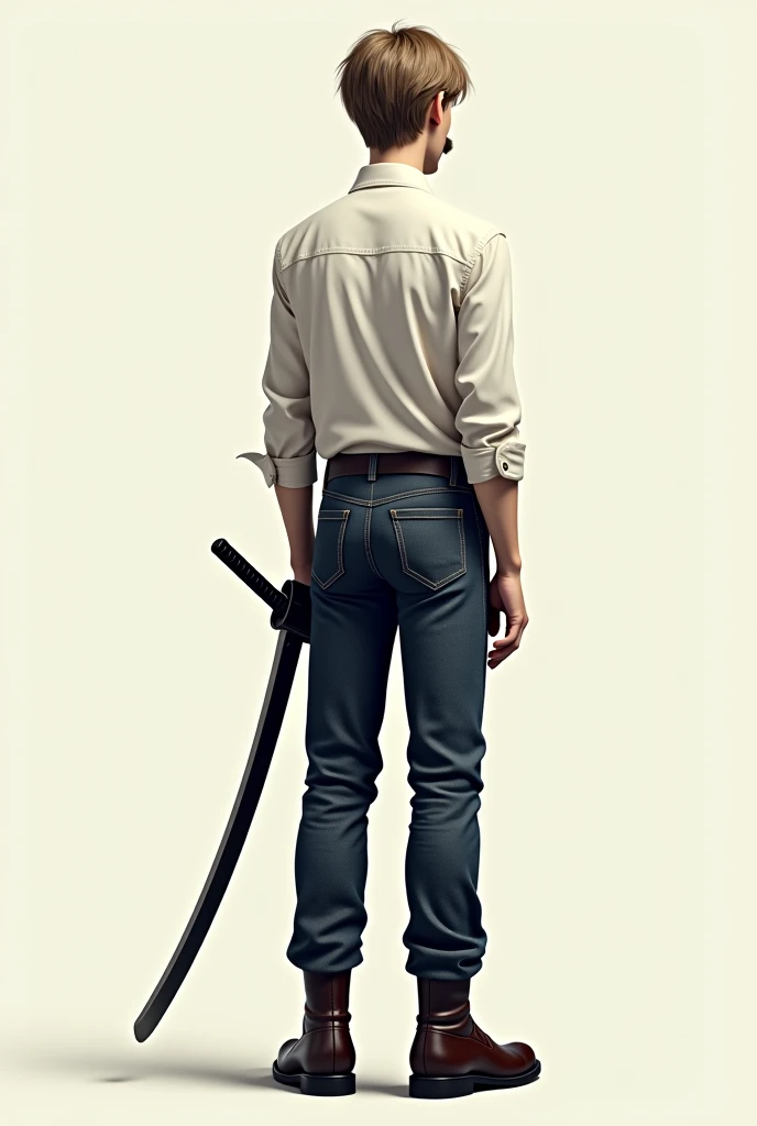 Tall skinny man with glasses  , young,  short shaggy hair with light mustache, formal white shirt,   full body denim boots  , katana  