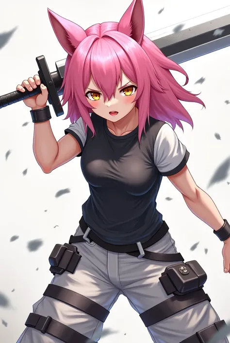  an anime werewolf girl ,  fair skin ,  pink hair,  golden eyes,  black and white t-shirt, black and white pants ,  serious and furious expression, brandishing a heavy sword .
