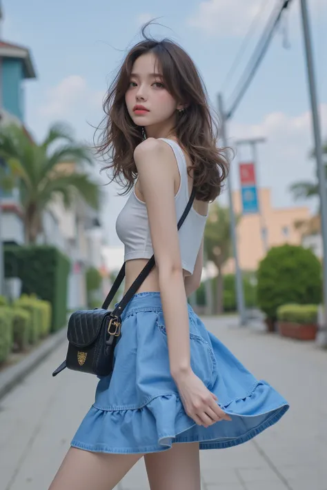 ((Skirt twisting)）、pantie shot、wearing white crop top tanktop and blue cotton drill miniskirt, sexy butt, K-pop idols、Highly detailed white skin、Beautie、One woman、18-years old、Brown long windy wavy hair、middlebreasts、perfectly proportions、on sidewalk, morn...