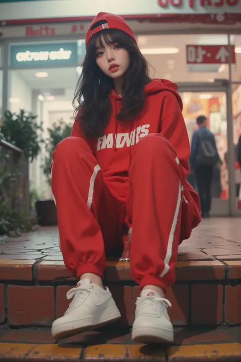 "K-pop style women&#39;Realistic image、Korean Beauty, length, Wavy black hair. she、I&#39;I&#39;I&#39;m sitting on the steps of a shopping mall with a 7-Eleven, Wearing a red Nike knit cap、She is wearing a red Nike short-sleeve hoodie.., Wear red tracksuit ...