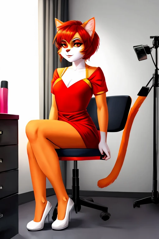 A female anthropomorphic orange and white cat with red short hair and orange eyes in the makeup room 
Sitting on a chair,orange and white fur, wearing a red dress