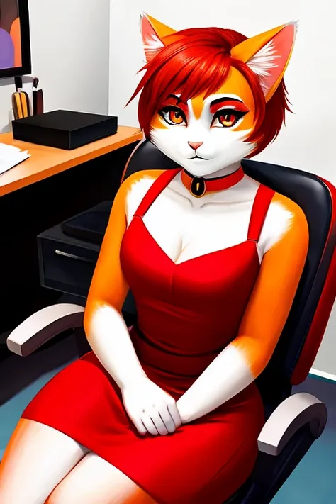 A female anthropomorphic orange and white cat with red short hair and orange eyes in the makeup room 
Sitting on a chair,orange and white fur, wearing a red dress