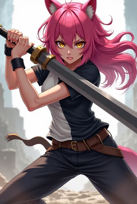  an anime werewolf girl ,  fair skin ,  pink hair,  golden eyes,  black and white t-shirt, black and white pants ,  serious and furious expression, brandishing a heavy sword .